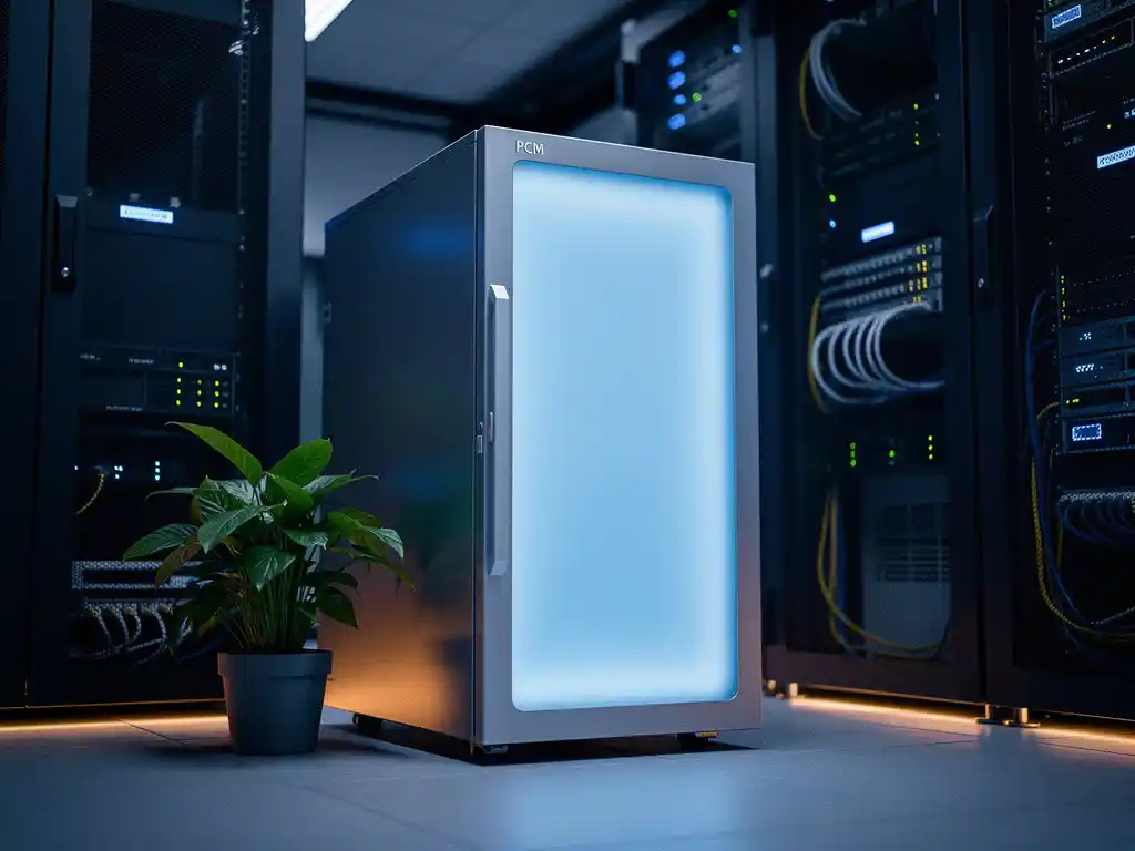 PCM-koeleenheid in moderne serverruimte met ijsblauw gloeiend fasewisselmateriaal-paneel tussen apparatuurrekken.