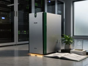 PCM-koeleenheid in moderne serverruimte met technische documentatie, groene plant en onderscheidingsplaquette op betonnen vloer.