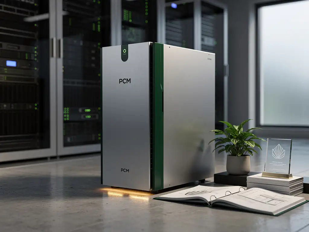 PCM-koeleenheid in moderne serverruimte met technische documentatie, groene plant en onderscheidingsplaquette op betonnen vloer.