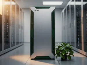 PCM-koeleenheid in een moderne serverruimte naast serverrekken en een groene plant, gesymboliseerd duurzame koeling.