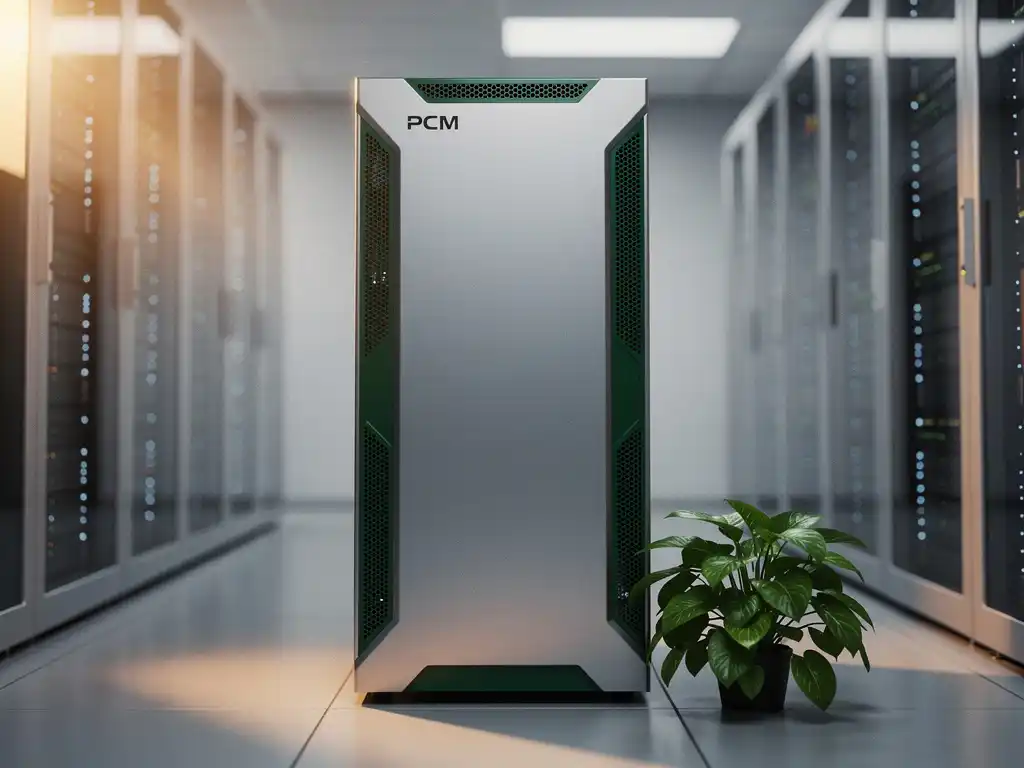 PCM-koeleenheid in een moderne serverruimte naast serverrekken en een groene plant, gesymboliseerd duurzame koeling.