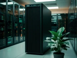 PCM-koeleenheid in een moderne serverruimte met gloeiende serverracks, groene plant op de voorgrond als symbool van duurzaamheid.