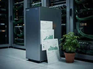 PCM-koeleenheid in moderne serverruimte met energieverbruiksgrafieken en groene plant als duurzaamheidssymbool.