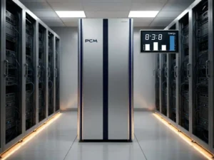 PCM-koeleenheid in moderne serverruimte met serverracks, energiemeter op de muur en blauwe en zilveren tinten.
