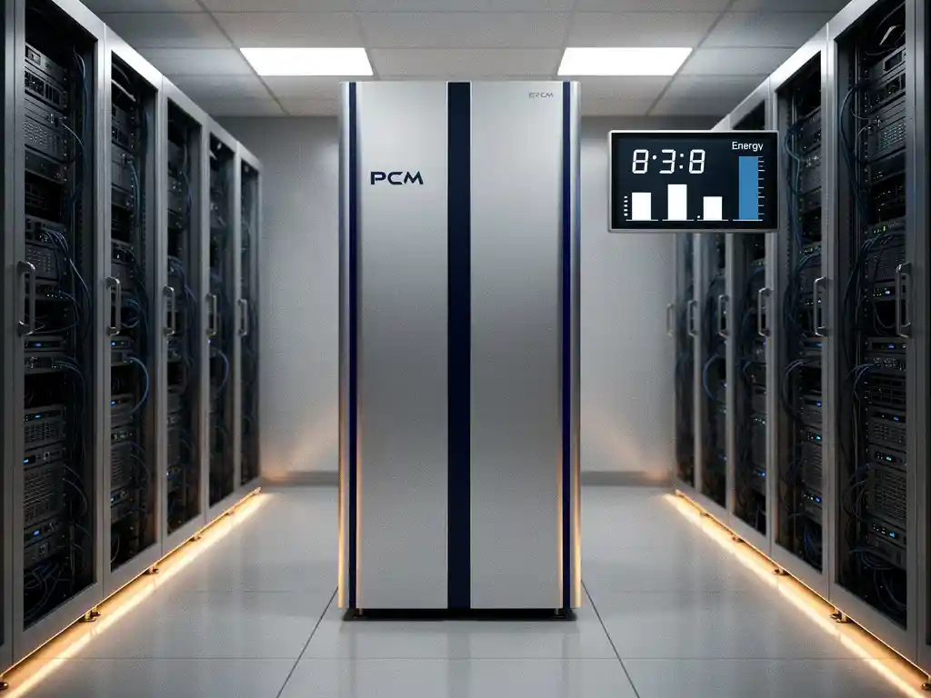 PCM-koeleenheid in moderne serverruimte met serverracks, energiemeter op de muur en blauwe en zilveren tinten.