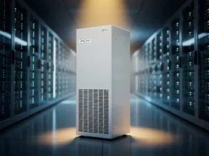 Witte PCM-koeleenheid in moderne serverruimte, verlicht door warm goudkleurig licht tegen blauwe gloed van serverracks op de achtergrond.