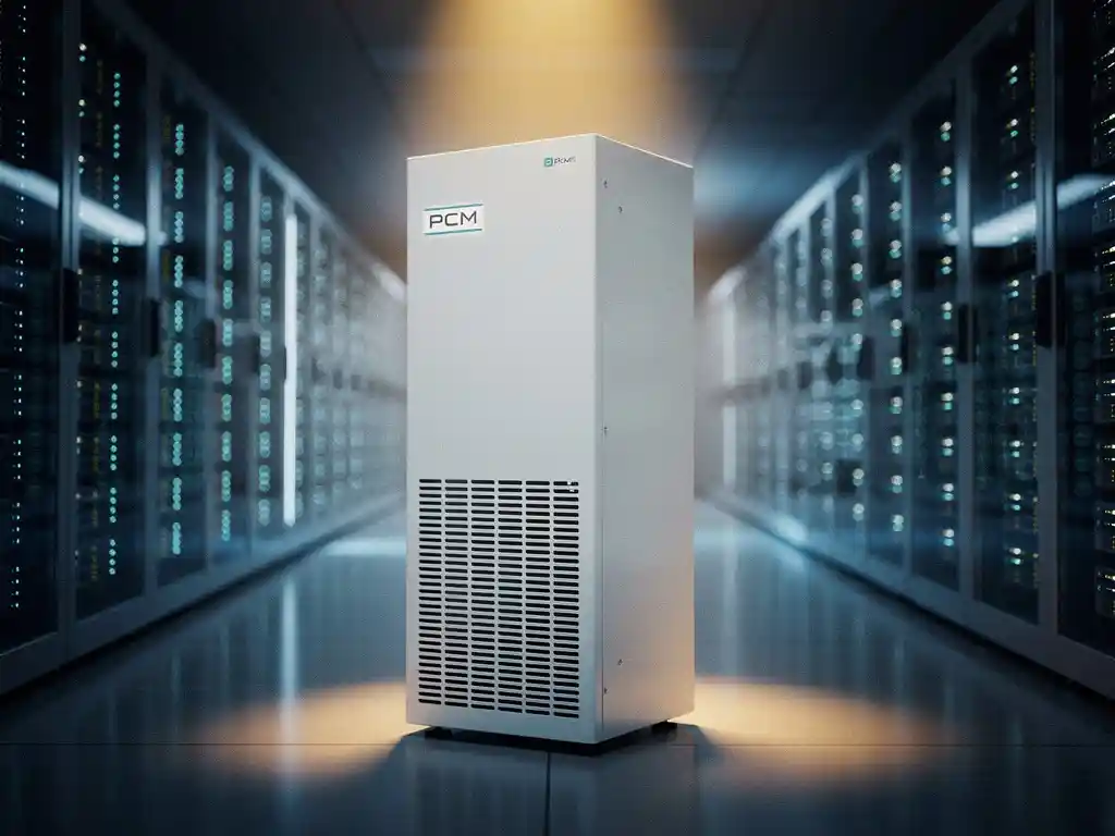 Witte PCM-koeleenheid in moderne serverruimte, verlicht door warm goudkleurig licht tegen blauwe gloed van serverracks op de achtergrond.