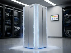 PCM-koeleenheid met zouthydraatpanelen in een serverruimte, energiemeter toont laag verbruik, ijsblauwe verlichting.