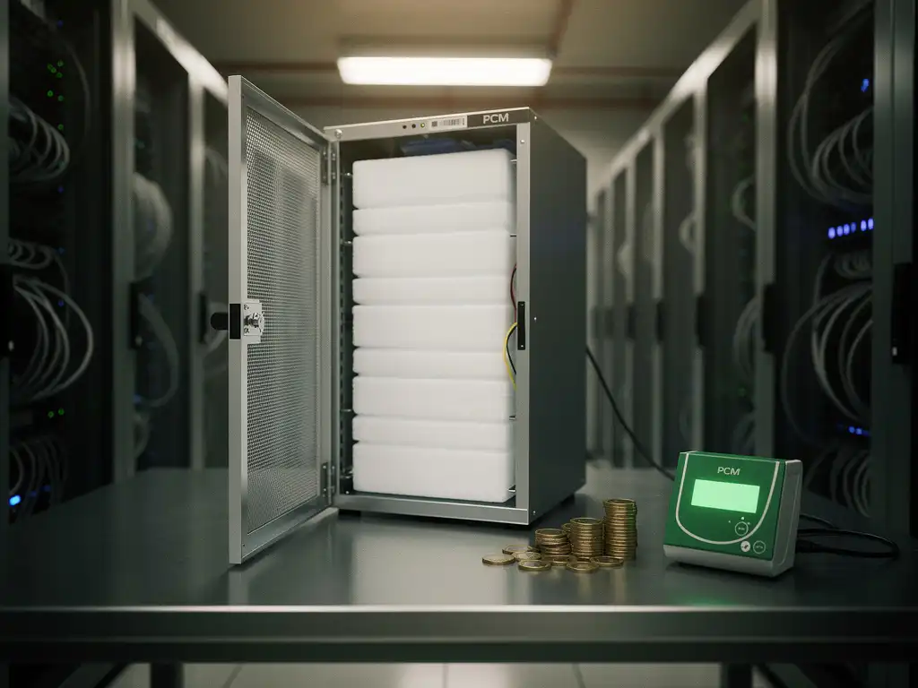 PCM-koeleenheid met witte zouthydraatpanelen in serverruimte, met euromunten en groene energiemeter op nabijgelegen oppervlak.