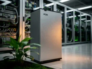 PCM-koeleenheid in een moderne serverruimte met verlichte apparatuurrekken, groene plant op de voorgrond en zichtbare condensatie op het oppervlak.