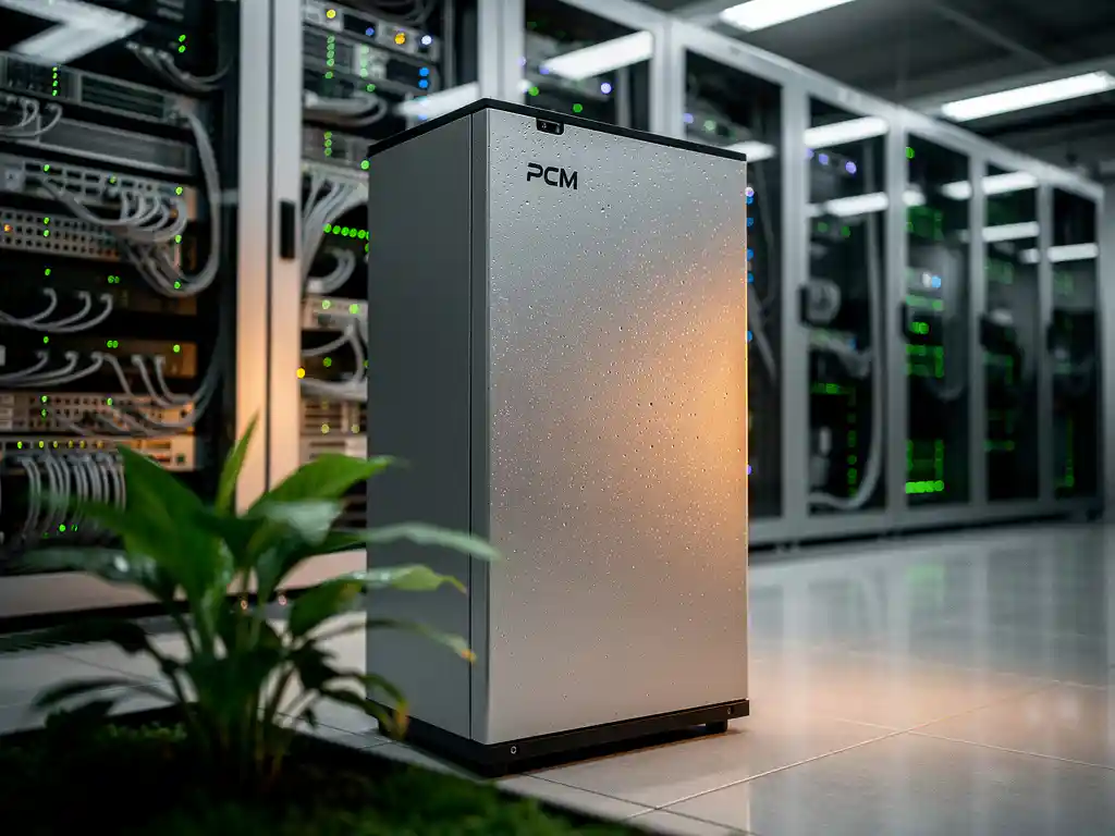PCM-koeleenheid in een moderne serverruimte met verlichte apparatuurrekken, groene plant op de voorgrond en zichtbare condensatie op het oppervlak.