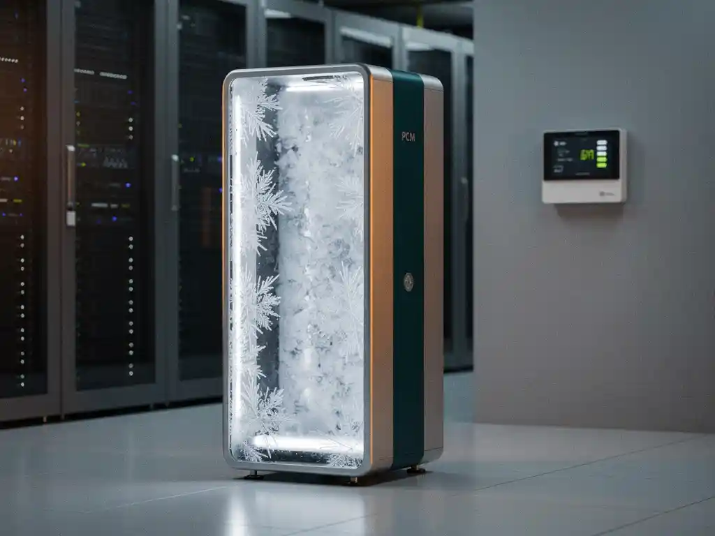 PCM-koeleenheid met zichtbare zouthydraatpanelen in serverruimte, energiemeter toont laag verbruik naast serverrekken.