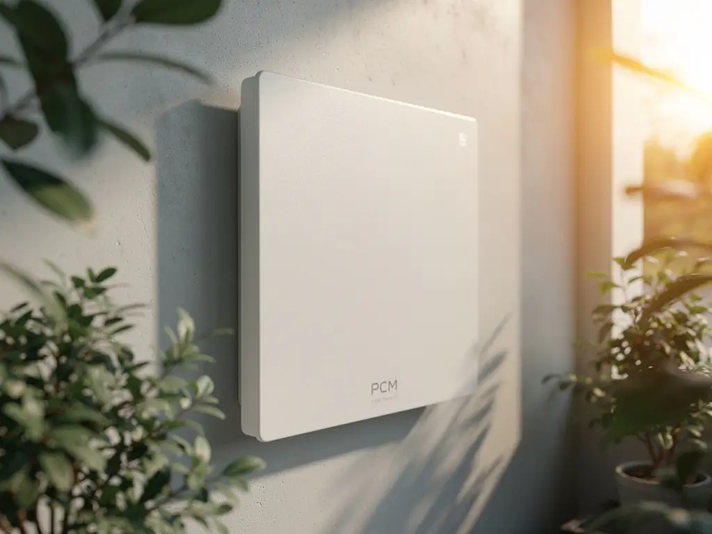 Wit PCM-koelpaneel op industriële muur, omgeven door groen gebladerte en warm goudkleurig zonlicht.