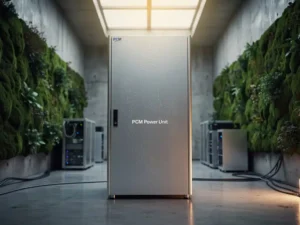 PCM Power Unit-kast in moderne serverruimte met groene mosswanden, betonnen muren en warm goudkleurig licht.