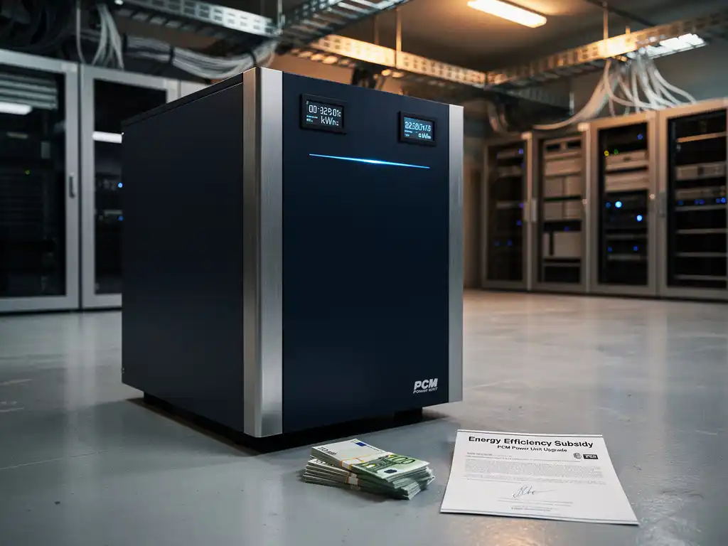 PCM Power Unit-kast in serverruimte met eurobiljetten en subsidiedocument op de vloer, blauwe indicatielampjes zichtbaar.