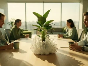 Groene plant die opgroeit uit zoutkristallen op een gedeelde houten werktafel in een licht modern kantoor.