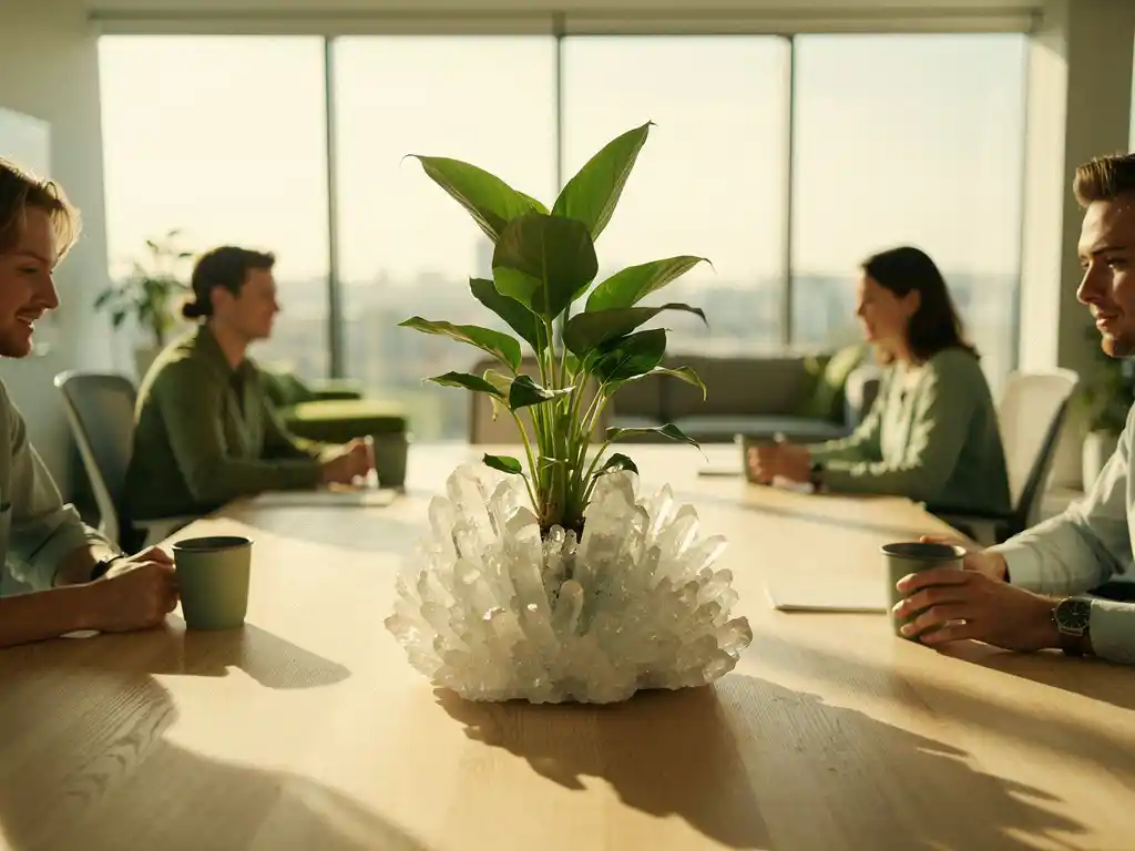Groene plant die opgroeit uit zoutkristallen op een gedeelde houten werktafel in een licht modern kantoor.
