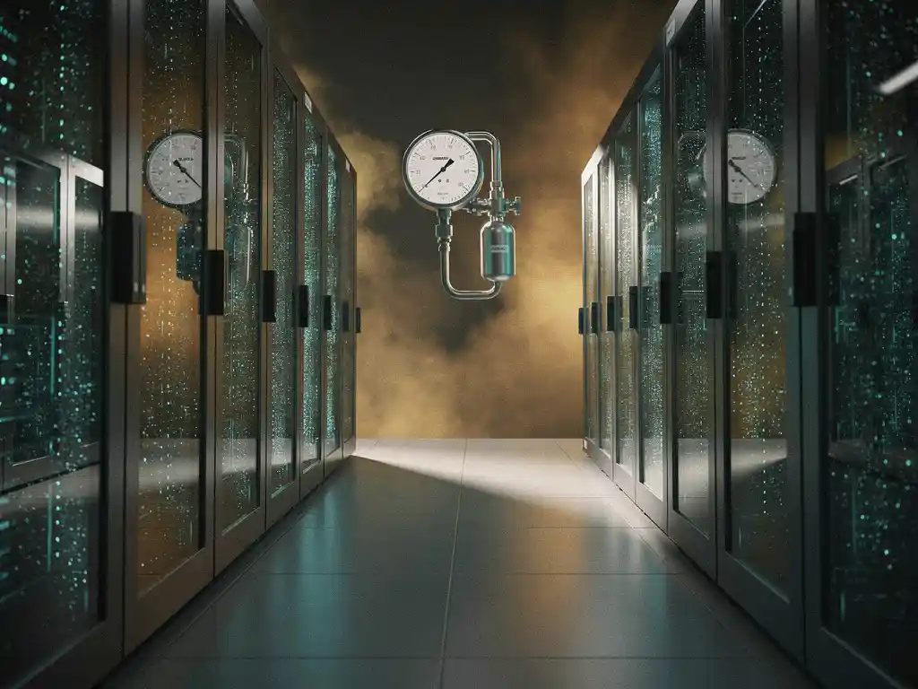 Serverruimte met CO₂-meter op de muur, koelblauwe PCM-panelen en warme amberkleurige energieverliesdamp onder dramatische belichting.