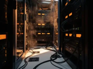 Overbelaste serverruimte met knipperende apparatuur, verstrengelde stroomkabels op verhoogde vloer en amber gloeiende energiemeters.