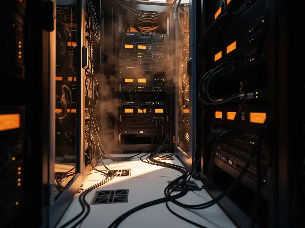 Overbelaste serverruimte met knipperende apparatuur, verstrengelde stroomkabels op verhoogde vloer en amber gloeiende energiemeters.