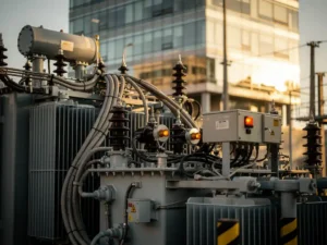 Industrieel elektriciteitsstation met verwarde stroomkabels en overbelaste verdeelkasten, kantoorgebouw op de achtergrond.