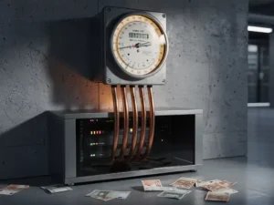 Industriële elektriciteitsmeter met draaiende schijf op betonnen muur, dikke koperen kabels naar serverrack, eurobiletten op de vloer.