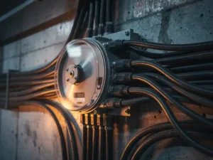 Industriële elektriciteitsmeter op betonnen muur in serverruimte, omgeven door oververhitte kabels met oranje gloed.