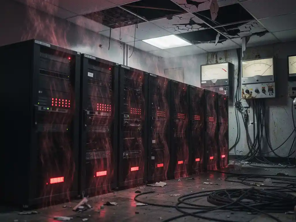 Verouderde serverruimte met oververhitte zwarte serverracks, rode waarschuwingslichten en zichtbare hittegolven boven de apparatuur.
