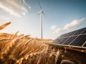 Windturbine in een gouden tarweveld met zonnepanelen op de voorgrond, gefotografeerd vanuit een lage hoek tegen een blauwe lucht.