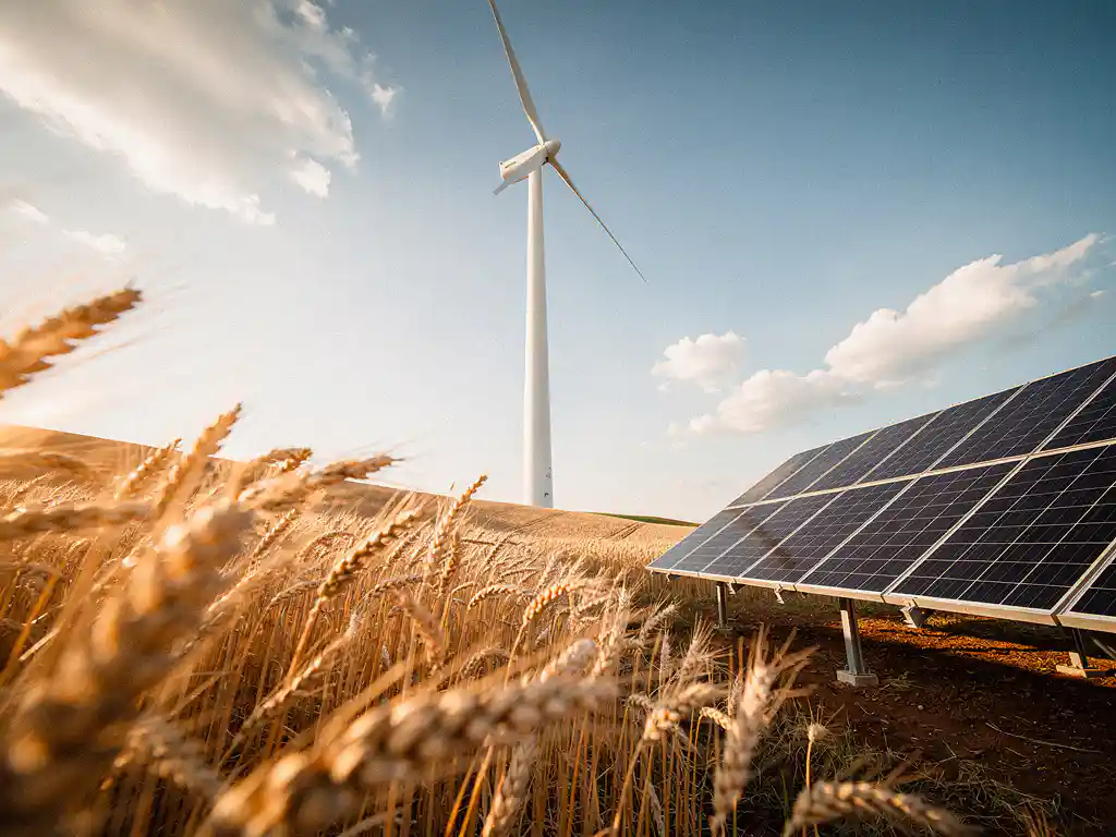 Windturbine in een gouden tarweveld met zonnepanelen op de voorgrond, gefotografeerd vanuit een lage hoek tegen een blauwe lucht.
