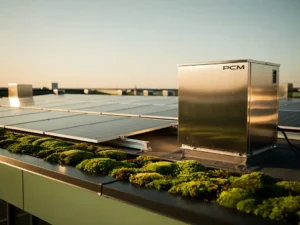 Industrieel dak bij zonsondergang met zonnepanelen, PCM-koelunit en mos langs de dakrand als symbool van ecologisch evenwicht.