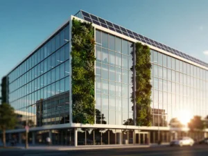 Moderne kantoorgebouw gevel met verticale groene plantenwand, zonnepanelen op het dak en blauwe luchtreflectie in warm middaglicht.
