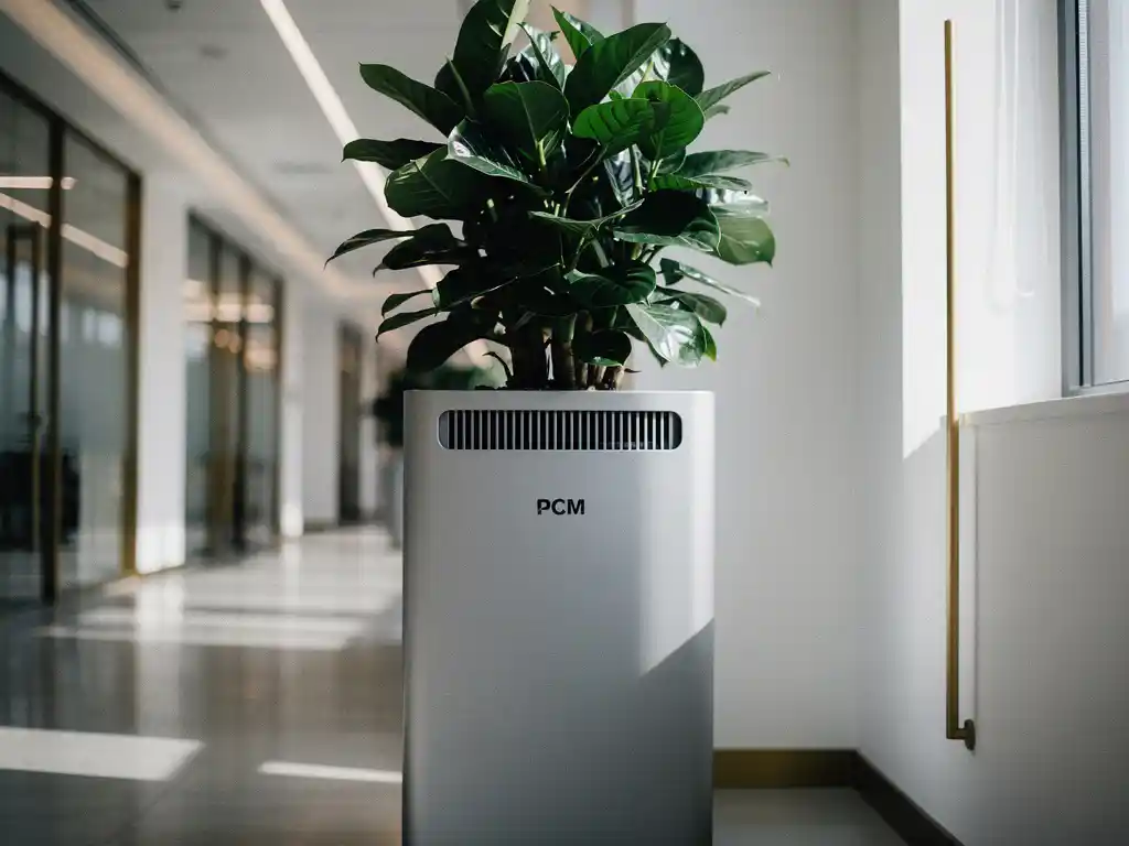 Groene plant groeit uit een moderne PCM-koelunit in een lichte kantoorgang, symbool voor duurzaamheid en innovatie.