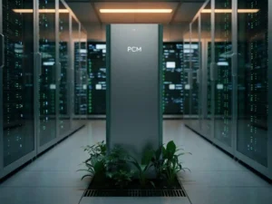 PCM-koeleenheid in moderne serverruimte met verlichte serverrekken, groene planten aan de basis als symbool voor duurzaamheid.