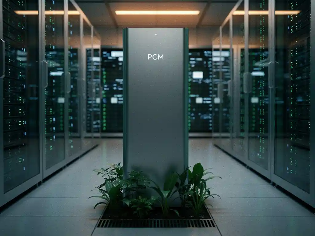 PCM-koeleenheid in moderne serverruimte met verlichte serverrekken, groene planten aan de basis als symbool voor duurzaamheid.