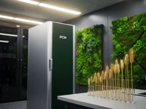 PCM-koeleenheid in een moderne serverruimte met groene mossenpaelen en energiekostengrafiek op een bureau.