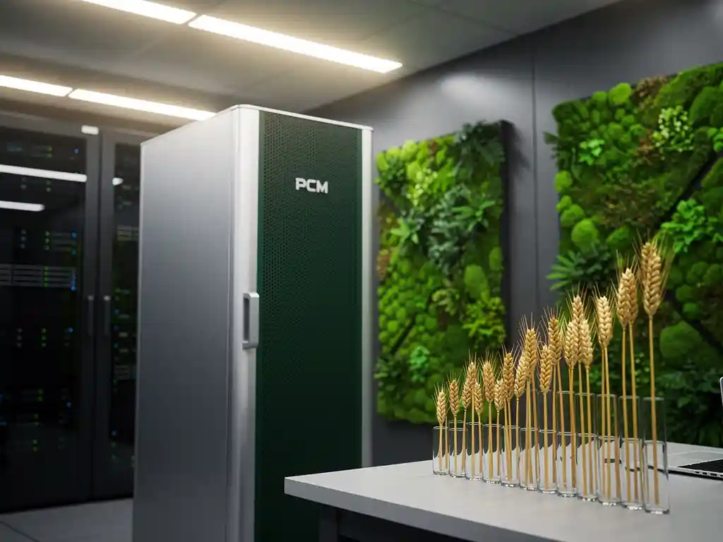 PCM-koeleenheid in een moderne serverruimte met groene mossenpaelen en energiekostengrafiek op een bureau.