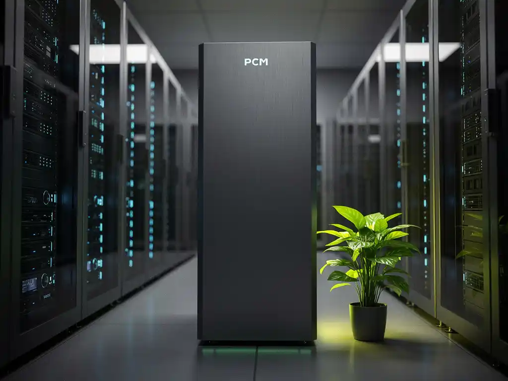 PCM-koeleenheid in moderne serverruimte met geordende serverracks en groene plant, zachte blauwe en groene tinten.