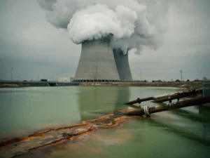 Koeltoren van datacenter stoot stoom uit boven vervuild retentiebekken met roestkleurige chemische residuen langs de waterkant.