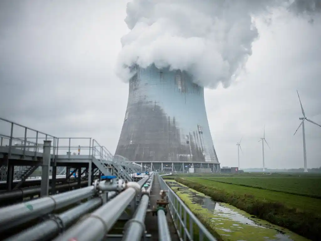 Industriële koeltoren van een datacenter stoot waterwalm uit boven Nederlands polderlandschap met windturbines op de achtergrond.