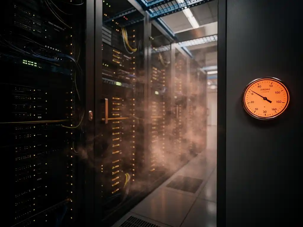 Serverrekken met oranje waarschuwingslichten in oververhitte datacentergang, temperatuurmeter op kritiek niveau aan de muur.