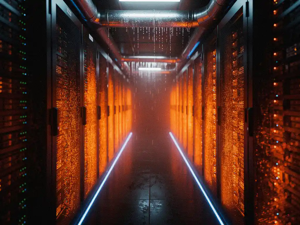 Oververhitte serverrekken in donkere datacentergang met oranje hitteschijnsel en blauw noodlicht, condens op koelleidingen zichtbaar.