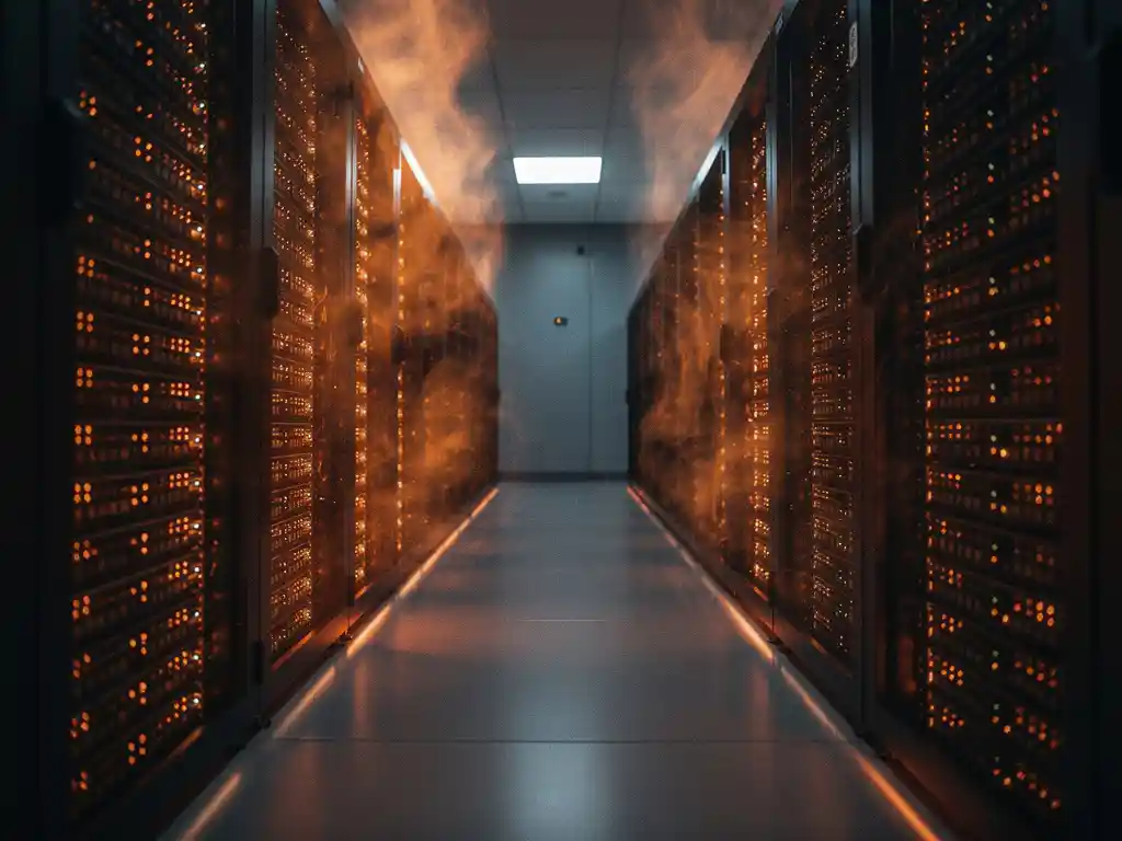 Oververhitte serverracks in een donkere datacentergang met oranje waarschuwingslampjes en hittegolven boven de apparatuur.