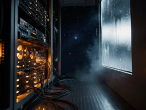 Gloeiend serverrek met knipperende LED's in donker datacenter, bevroren raam met uitzicht op de sterrenhemel in de ruimte.