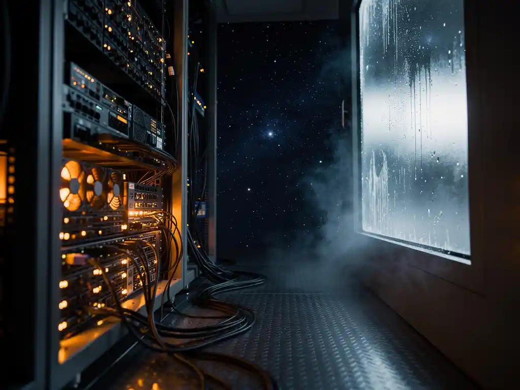 Gloeiend serverrek met knipperende LED's in donker datacenter, bevroren raam met uitzicht op de sterrenhemel in de ruimte.