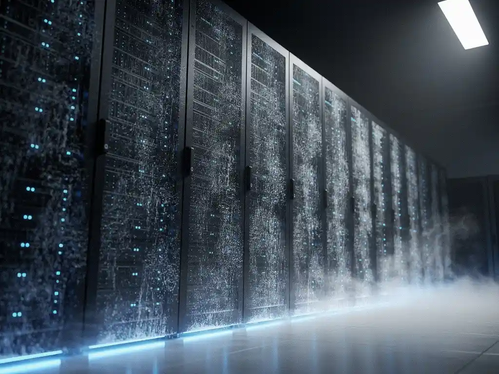 Serverrekken met blauwe indicatielampjes in een donker datacenter, met ijsachtige condensatie op metalen panelen en mistflarden bij de vloer.