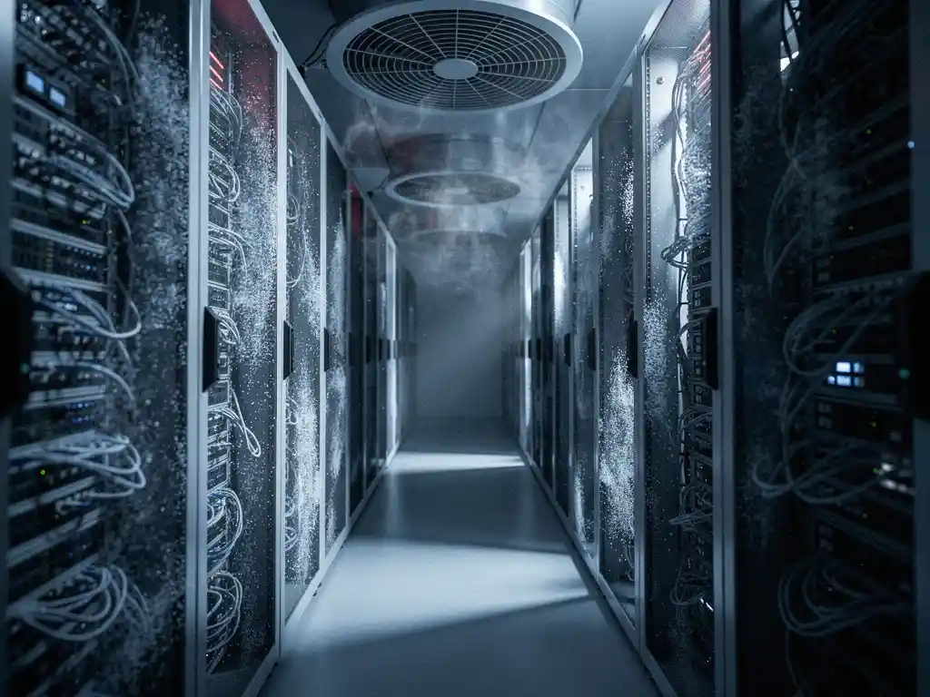 Serverracks in een koele, blauw verlichte datacentergang met condensatie op metalen oppervlakken en zichtbare luchtcirculatie.