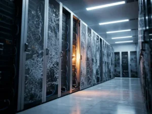 Serverrekken in een datacenter met ijsvorming op koelpanelen, blauwe en zilveren tinten met warm amberkleurig licht.