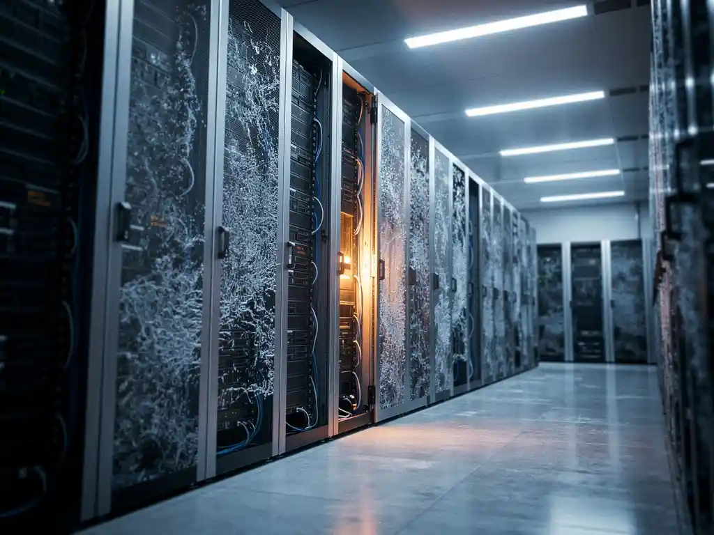 Serverrekken in een datacenter met ijsvorming op koelpanelen, blauwe en zilveren tinten met warm amberkleurig licht.