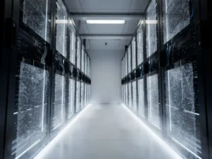 Servergang met zwarte racks en PCM-koelpanelen, condensatienevel bij de vloer, dramatische onderverlichting in staalblauwe tinten.